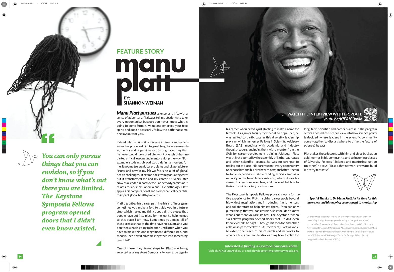 Two-page Manu Platt feature spread with writing by Shannon Weiman