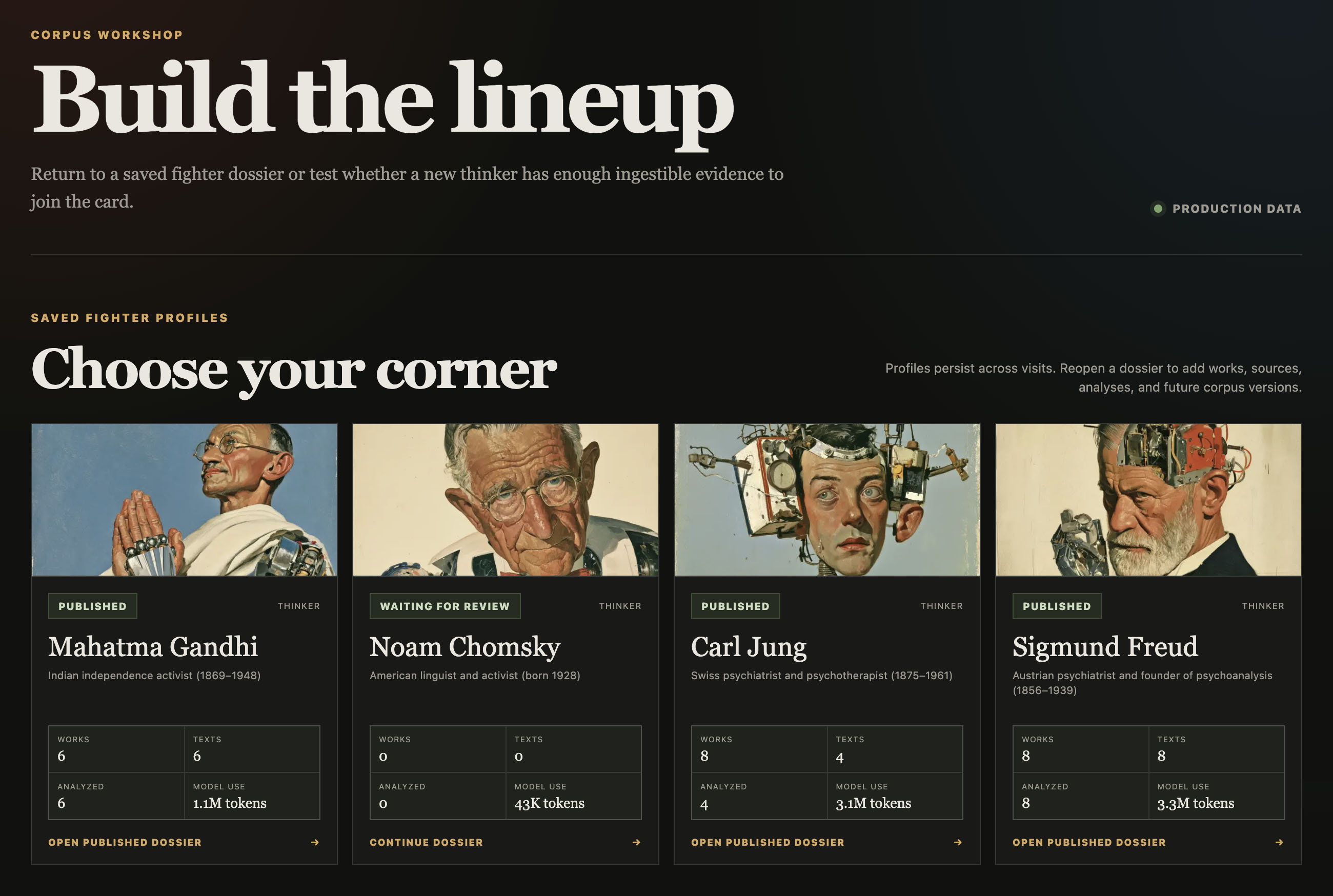RSR Corpus Studio fighter lineup showing published and in-review thinker dossiers