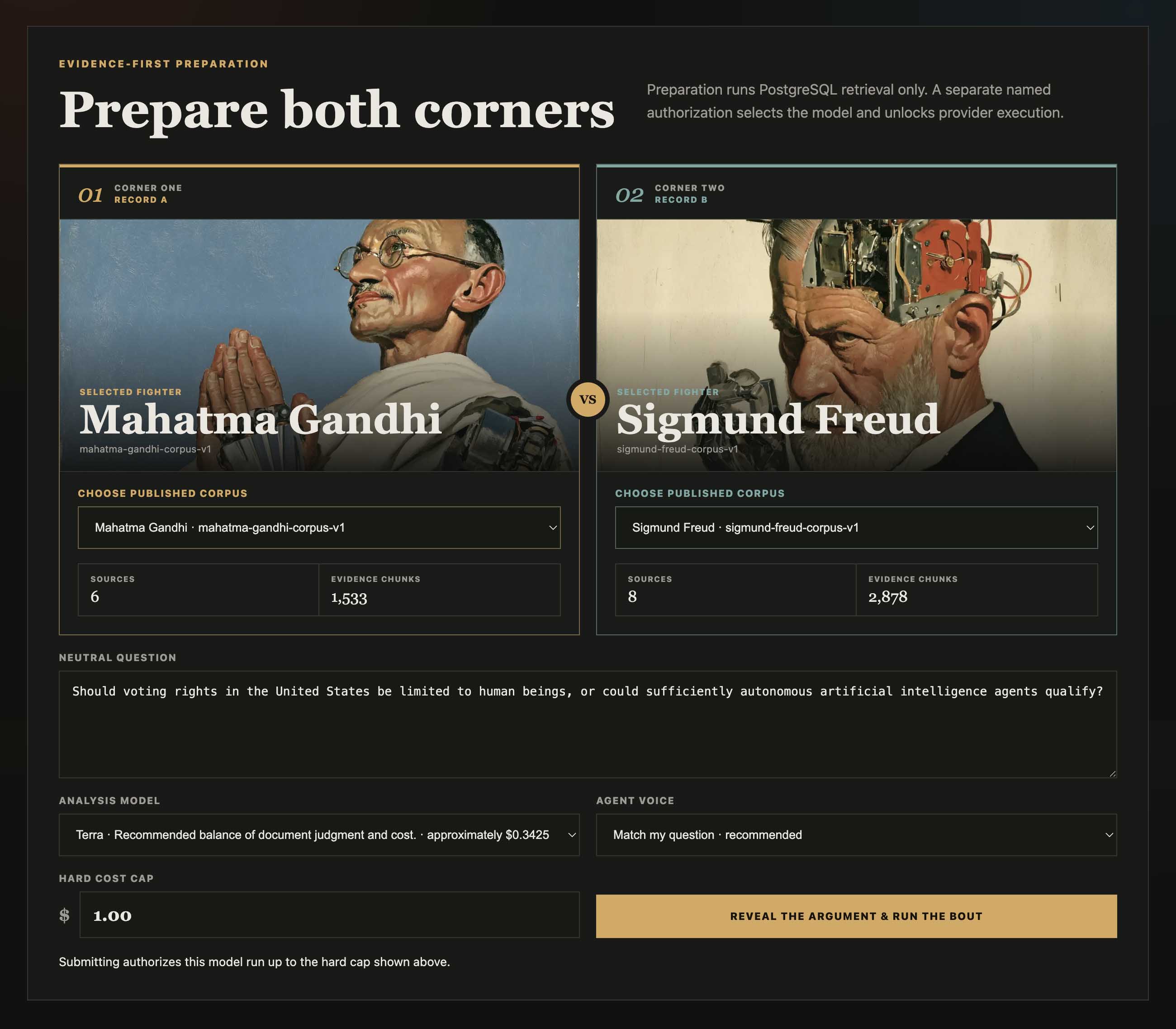 Head-to-head fighter cards for Mahatma Gandhi and Sigmund Freud with the AI-voting question prepared below them