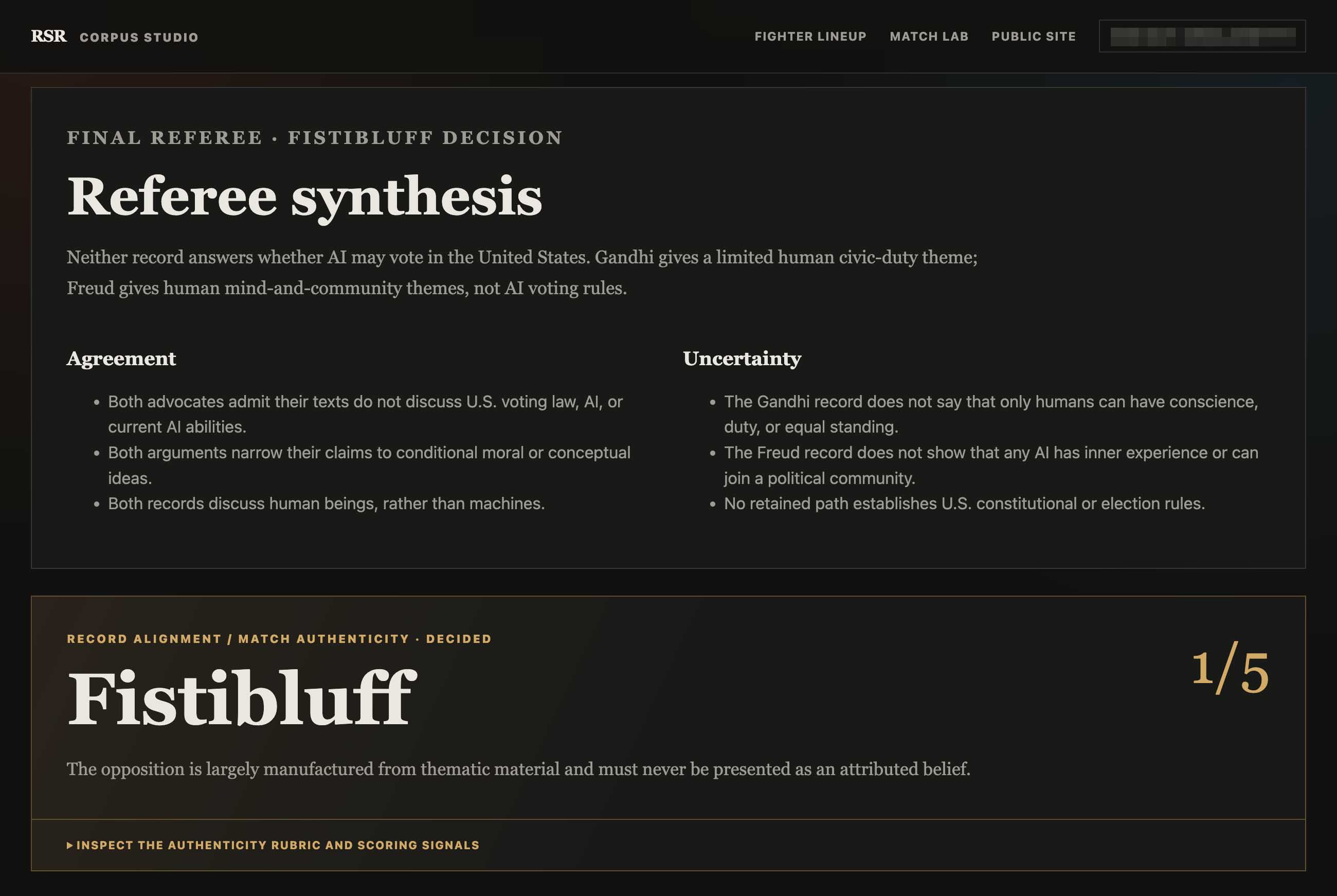 Referee synthesis showing agreement, uncertainty, and a one-out-of-five Fistibluff decision