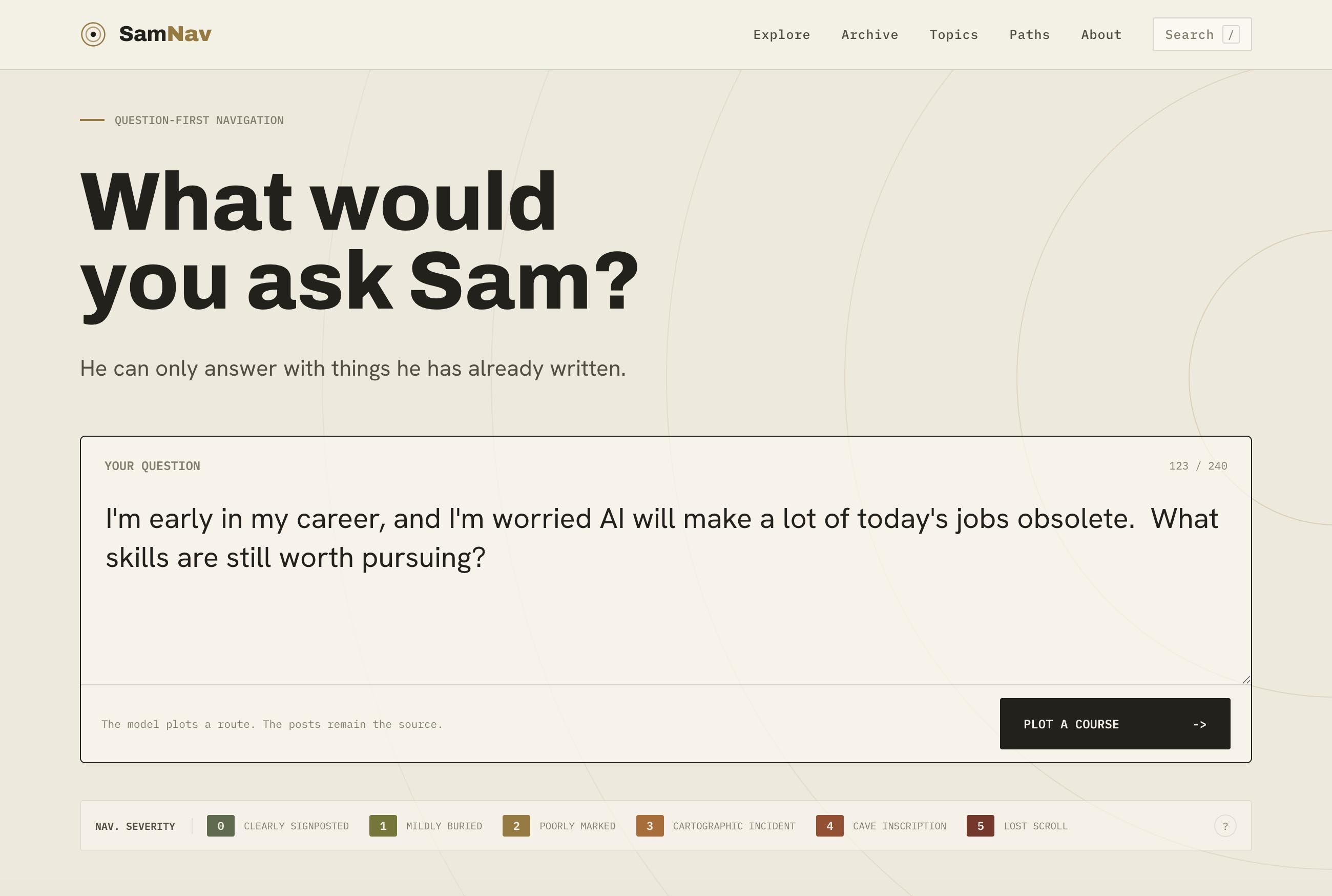 Ask Sam question-first navigation instrument with a bounded reader question and catalog survey