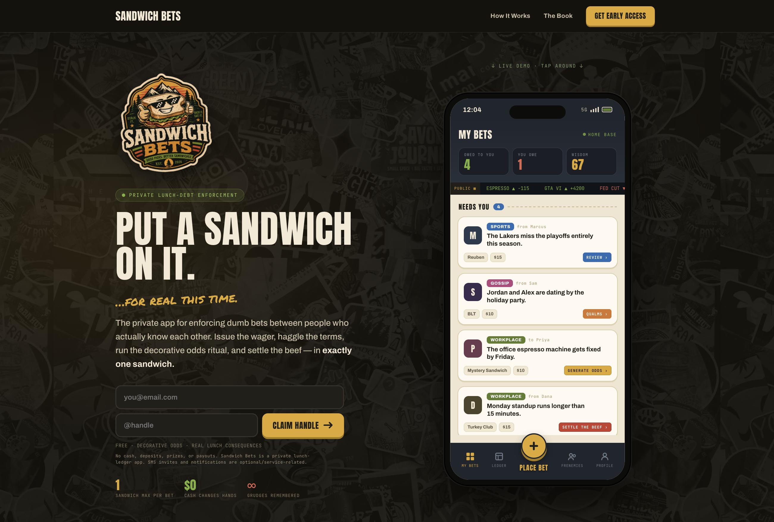 Sandwich Bets homepage showing the private lunch-debt system and interactive phone interface